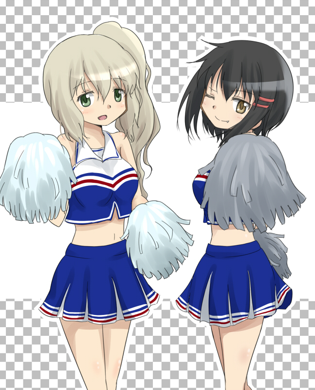 2girls, black_hair, breasts, cheerleader, fang, female, green_eyes, hair_ornament