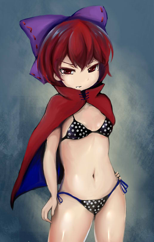1860_(ichi), 1girl, bikini, bow, cape, hair_bow, red_eyes, redhead