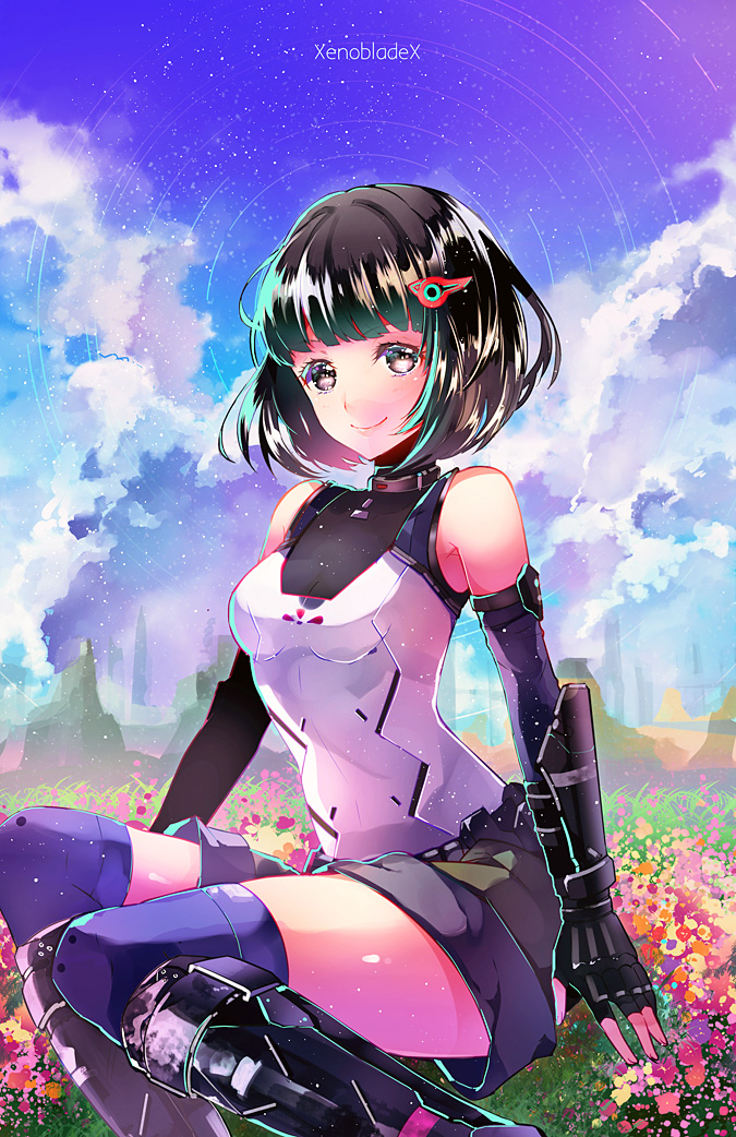 1girl, ame_erika, black_eyes, black_hair, field, flower, flower_field, hair_ornament