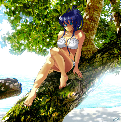 bikini, frilled_bikini, frills, in_tree, king_of_fighters, leona_heidern, long_hair, lowres