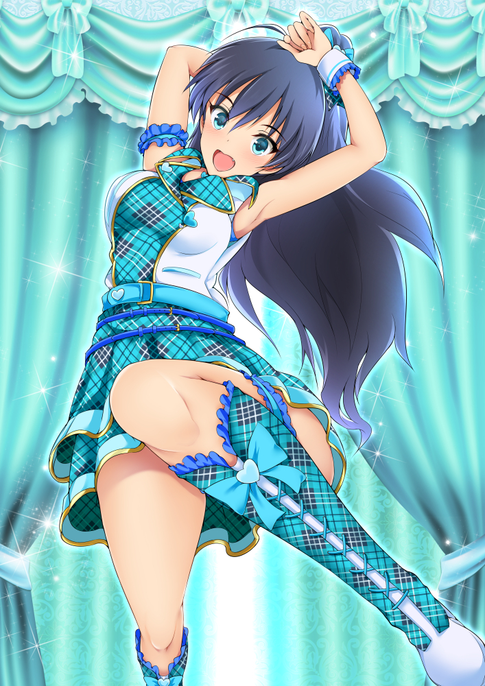 1girl, black_hair, blue_eyes, fang, ganaha_hibiki, idolmaster, long_hair, maruwa_tarou
