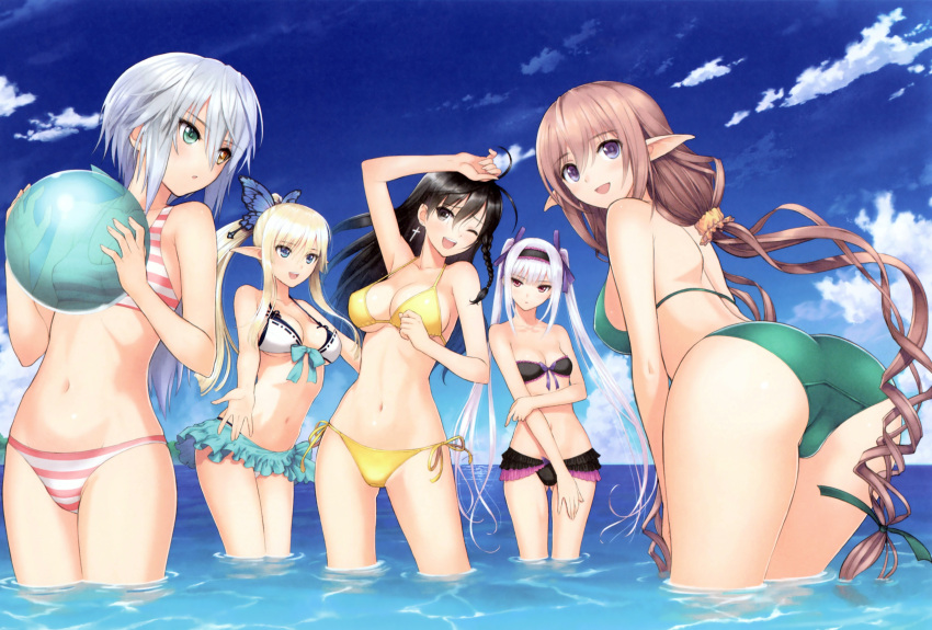 5girls, :d, ;d, absurdres, ahoge, arm_up, ass, ball