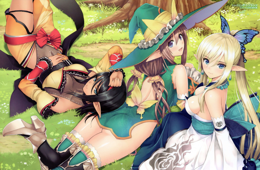 3girls, absurdres, arm_up, ass, back_cutout, bare_shoulders, black_hair, blonde_hair