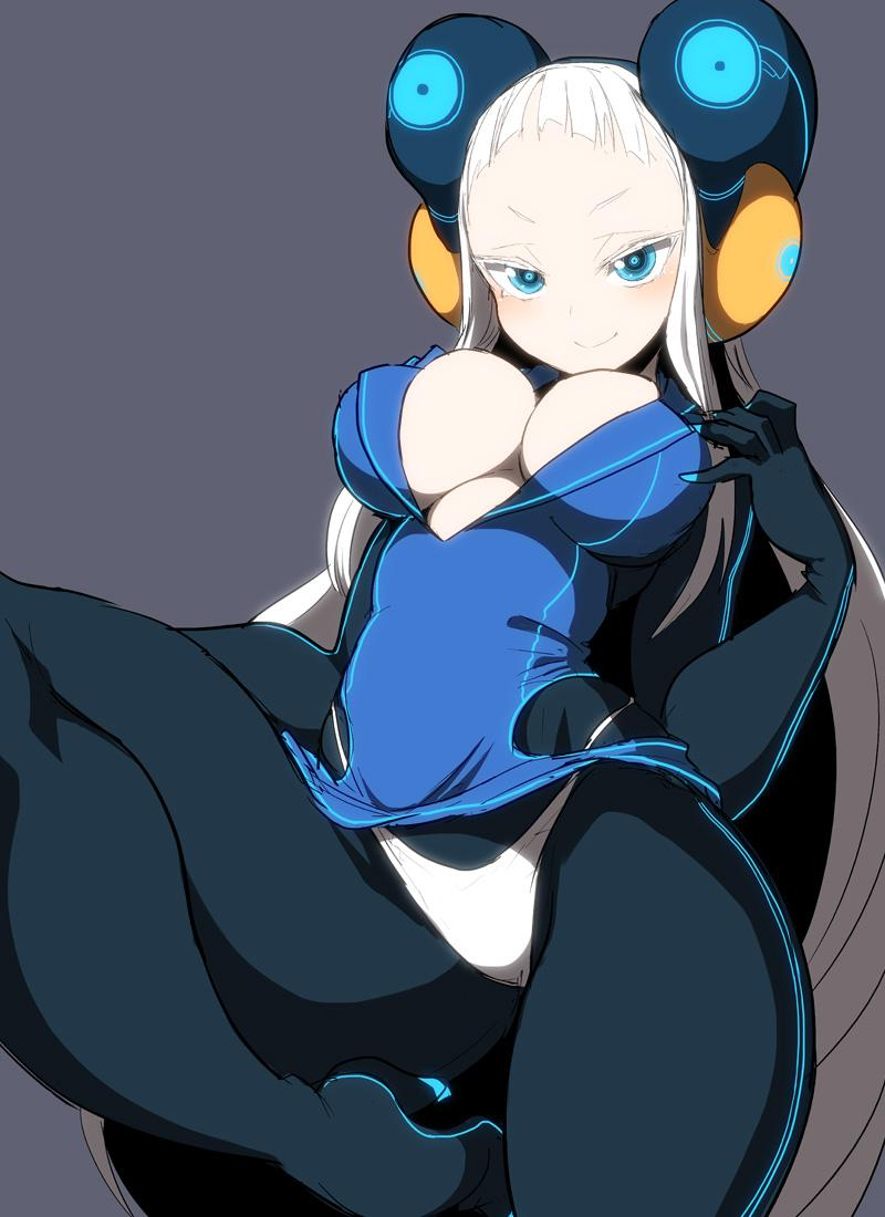 1girl, black_legwear, blue_eyes, blush, bodysuit, breasts, bursting_breasts, cleavage
