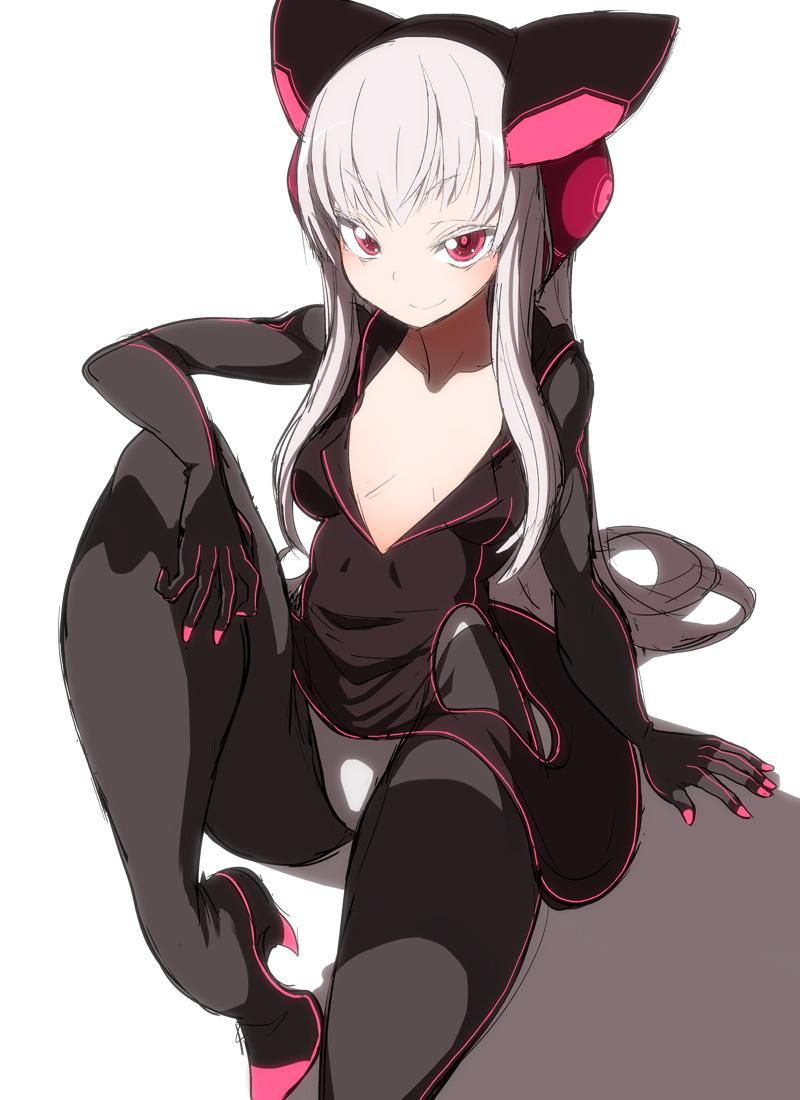 1girl, black_legwear, blush, bodysuit, breasts, cleavage, electro_alice, headgear