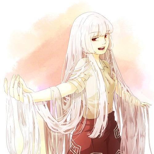 1girl, fujiwara_no_mokou, half-closed_eyes, long_hair, lowres, mokoiscat, no_hair_bow, outstretched_arms