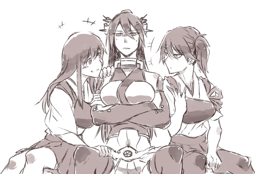 akagi_(kantai_collection), getsuyou_bi, japanese_clothes, kaga_(kantai_collection), kantai_collection, long_hair, monochrome, multiple_girls