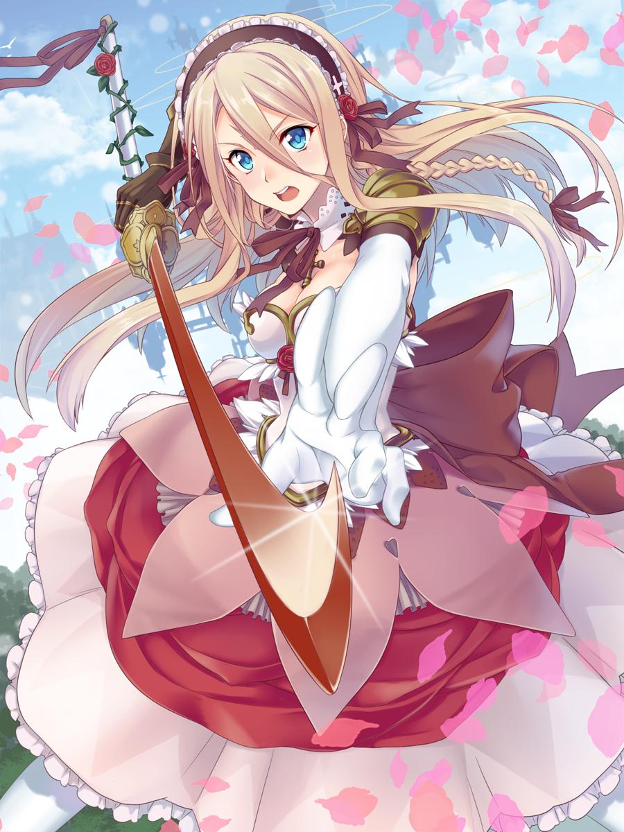 1girl, black_ribbon, blonde_hair, blue_eyes, blue_sky, braid, clouds, dress, elbow_gloves, flower, frills, gloves, hair_ribbon, hairband, highres, holding_sword, holding_weapon, lolita_hairband, long_hair, looking_at_viewer, open_mouth, original, pantyhose, pink_dress, red_rose, ribbon, rose, single_braid, sky, solo, sparkle, urushibara_rikka, vines, white_gloves, white_legwear
