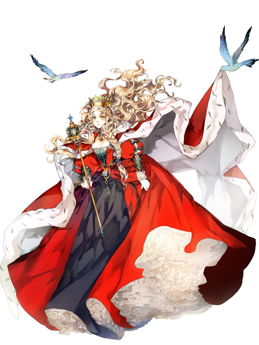 absurdres, bird, braid, brown_hair, cape, crown, dragon's_crown, dress