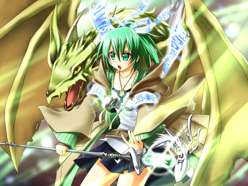 1girl, breasts, cleavage, collarbone, dragon, dragon_wings, duel_monster, glowing, green_eyes, green_hair, jacket, jewelry, long_hair, omega_na_hito, open_mouth, pendant, petit_dragon, ponytail, scepter, skirt, solo, wings, wynn, yuu-gi-ou