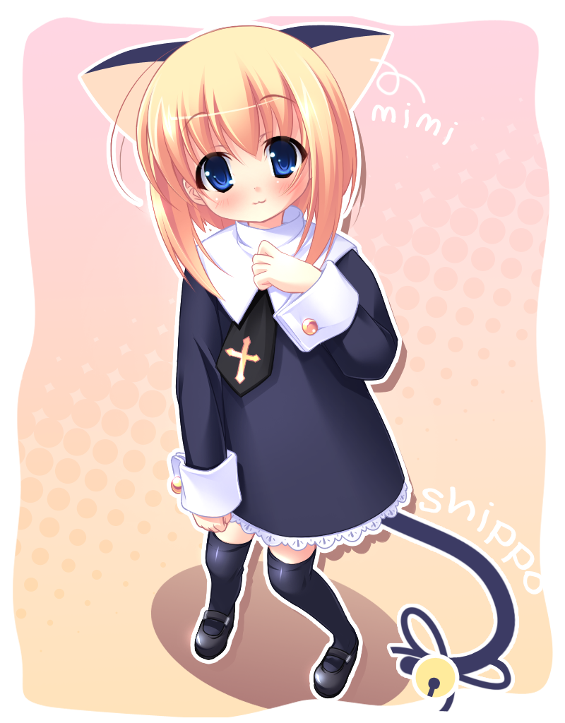 animal_ears, bell, blonde_hair, blue_eyes, blush, cat_ears, chiccha_na_moko-chan, flat_chest, kuwada_yuuki, loli, mary_janes, original, shoes, short_hair, tail, thigh-highs, thighhighs, yupi