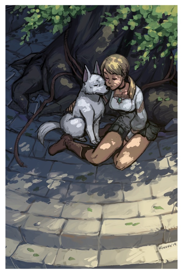 1girl, against_tree, bangs, blonde_hair, blouse, boots, breasts, brooch, choker, closed_eyes, cobblestone, dappled_sunlight, demento, dog, fiona_belli, hair_over_shoulder, hewie, holding, jewelry, knee_boots, long_hair, mariel_cartwright, miniskirt, outdoors, ponytail, shadow, sitting, skirt, sleeping, sleeping_upright, tree, yokozuwari