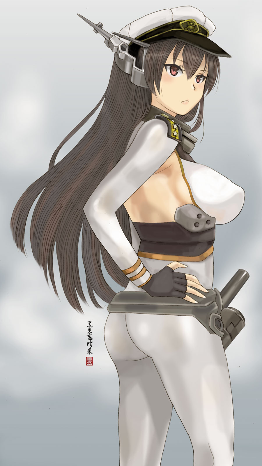 admiral_(kantai_collection)_(cosplay), black_hair, breasts, cosplay, from_behind, gloves, hairband, hat