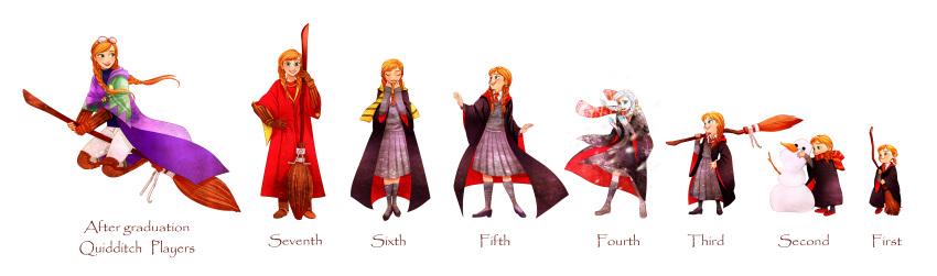1girl, absurdres, age_progression, anna_(frozen), aqua_eyes, braid, broom, broom_riding