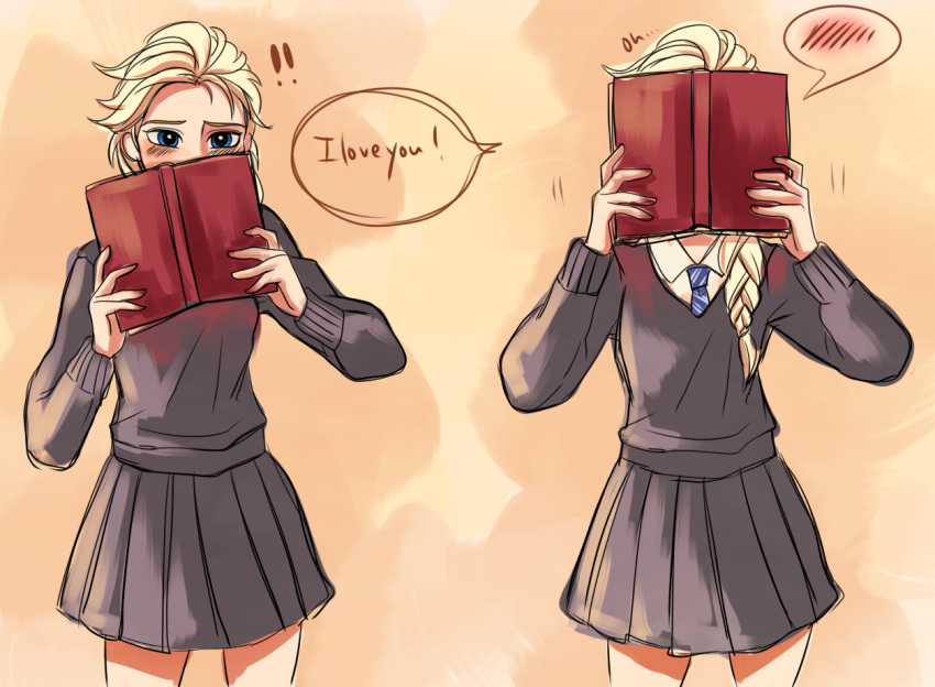1girl, blonde_hair, blue_eyes, blush, book, braid, elsa_(frozen), english