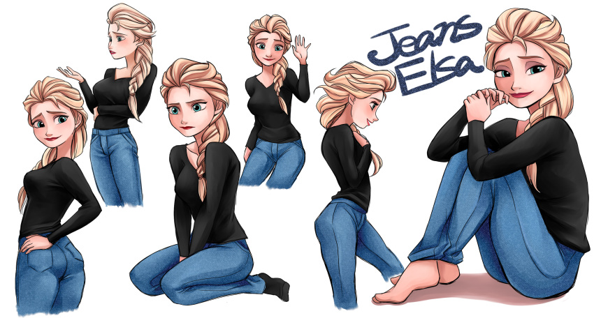 1girl, alternate_costume, barefoot, black_shirt, blonde_hair, blue_eyes, braid, character_sheet, denim, disney, elsa_(frozen), frozen_(disney), highres, jeans, long_hair, pants, ponze, shirt