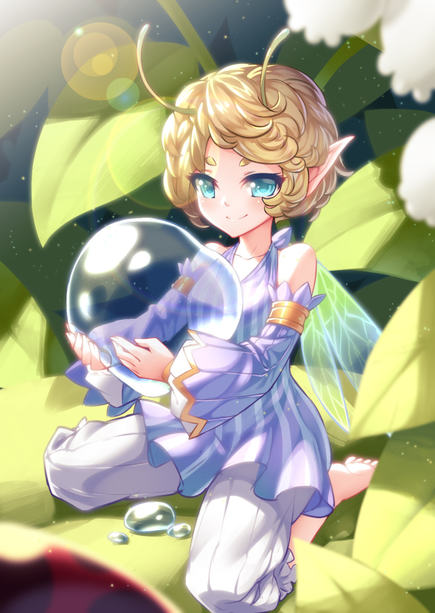 1girl, antennae, armband, bare_shoulders, barefoot, blonde_hair, blue_eyes, carrying