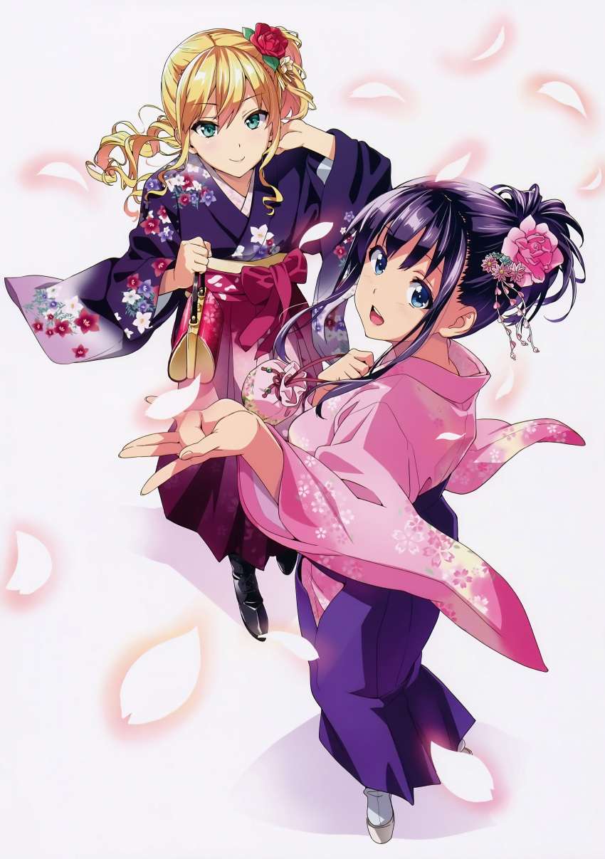 2girls, :d, absurdres, amaya_haruko, black_hair, blonde_hair, blue_eyes, flower