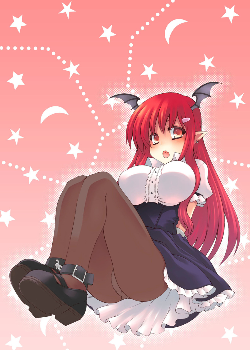 1girl, bat_wings, black_legwear, blush, breasts, earrings, hair_ornament, hairclip