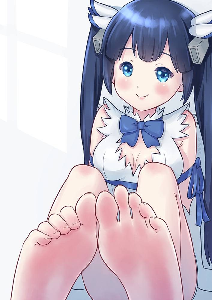 1girl, arm_ribbon, barefoot, blue_eyes, blue_hair, blush, breasts, cleavage