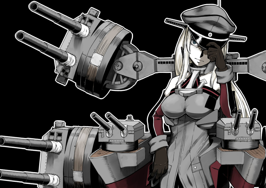 1girl, adjusting_clothes, adjusting_hat, bismarck_(kantai_collection), blonde_hair, blue_eyes, breasts, hat