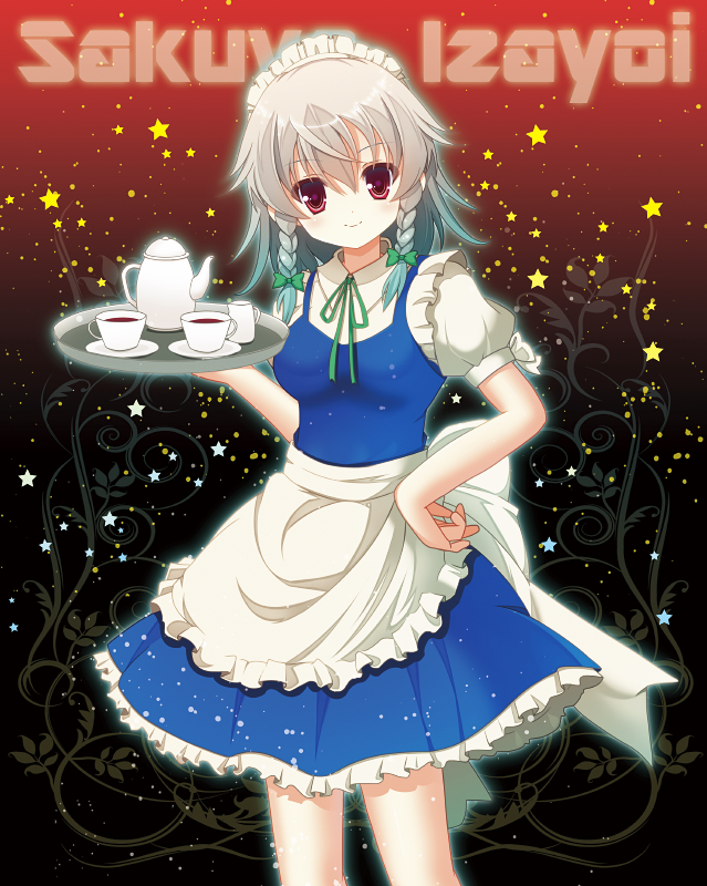 15_(tooka), 1girl, apron, braid, character_name, hand_on_hip, izayoi_sakuya, looking_at_viewer