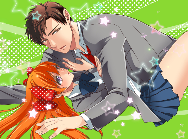 1boy, 1girl, bow, gekkan_shoujo_nozaki-kun, hashimoto_(yanagi-momo), nozaki_umetarou, orange_hair, pleated_skirt, polka_dot, polka_dot_bow, sakura_chiyo, school_uniform, skirt, violet_eyes