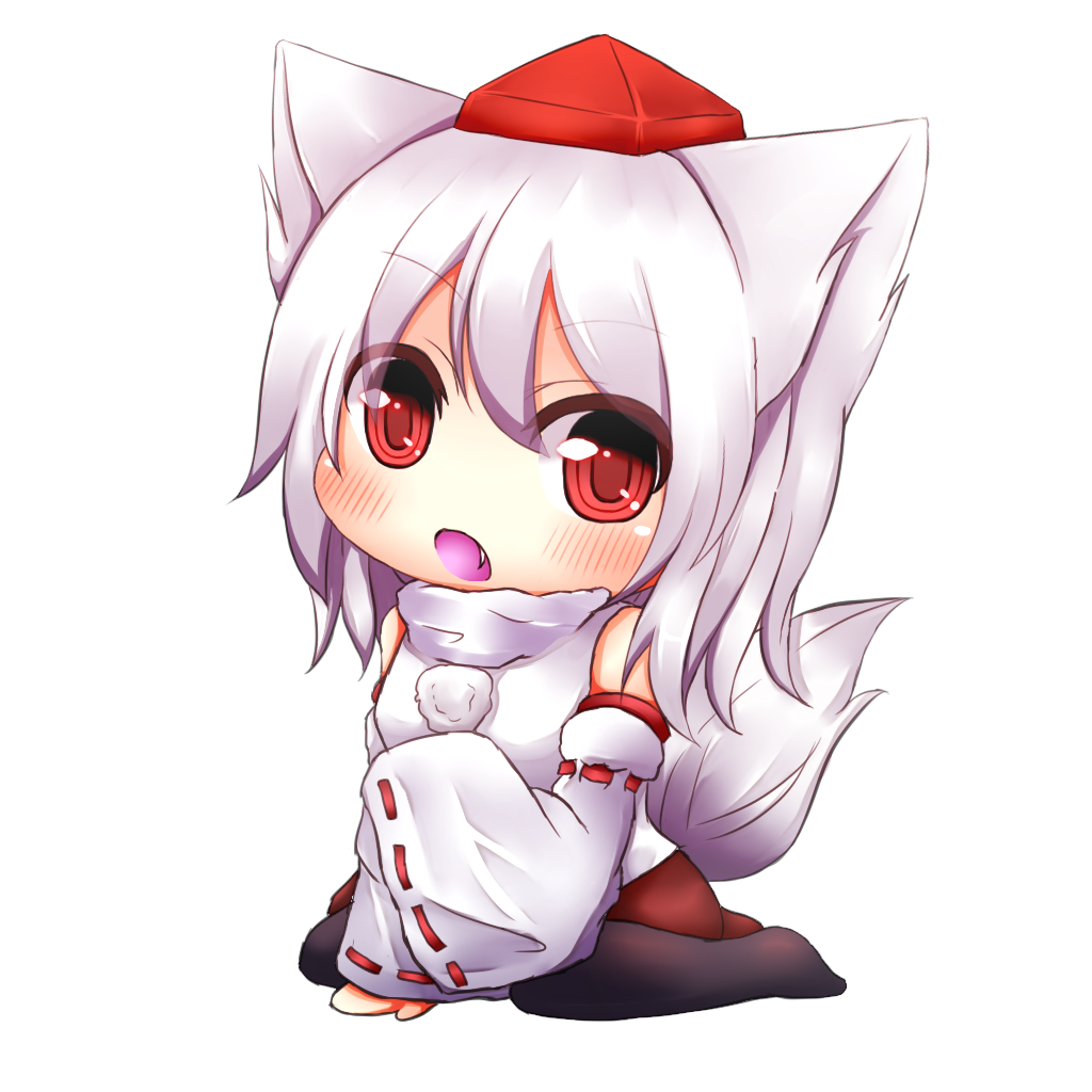 1girl, animal_ears, bare_shoulders, blush, chibi, detached_sleeves, fang, fox_ears