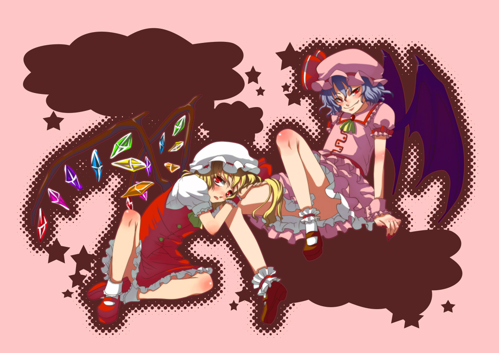 bat_wings, blonde_hair, blue_hair, flandre_scarlet, hat, multiple_girls, ponytail, red_eyes