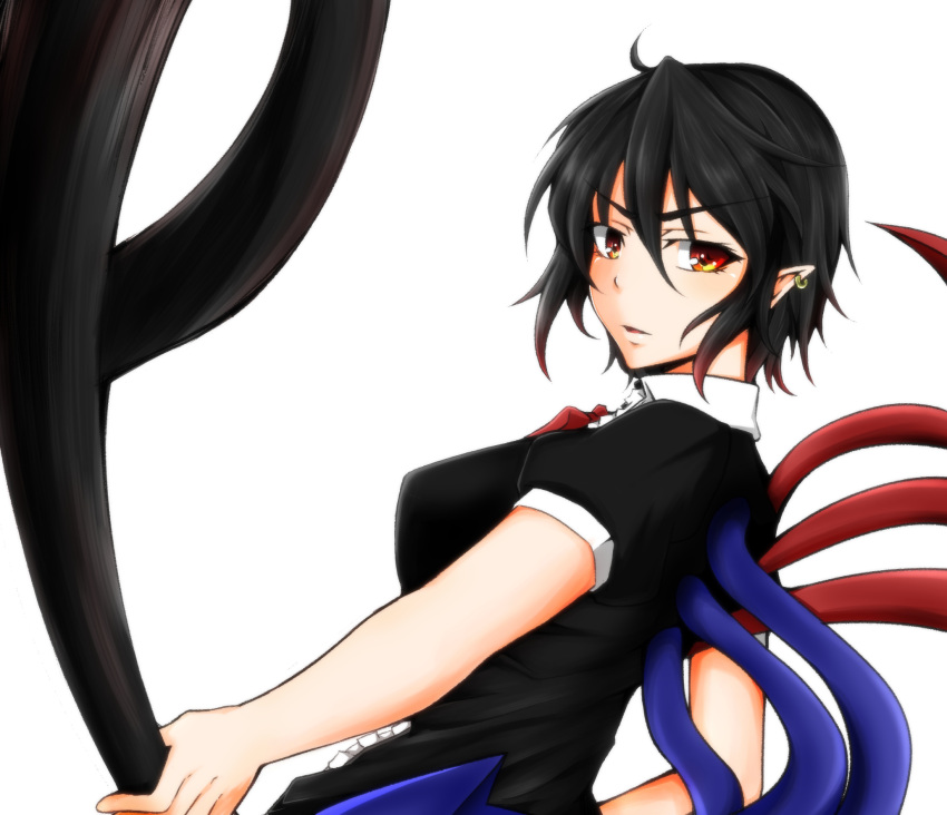 1girl, ahoge, asymmetrical_wings, black_hair, earrings, gradient_hair, highres, houjuu_nue