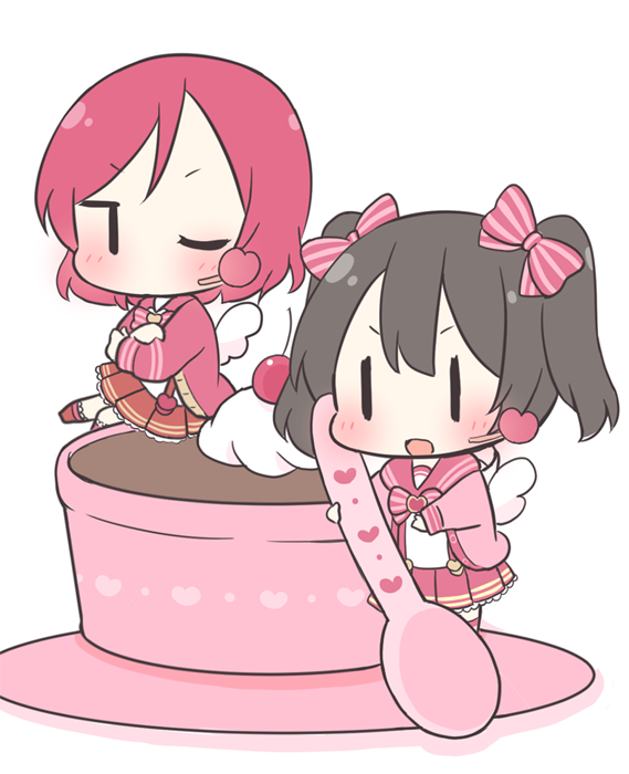 2girls, =d, angel_wings, black_hair, blush, bow, cherry, chibi