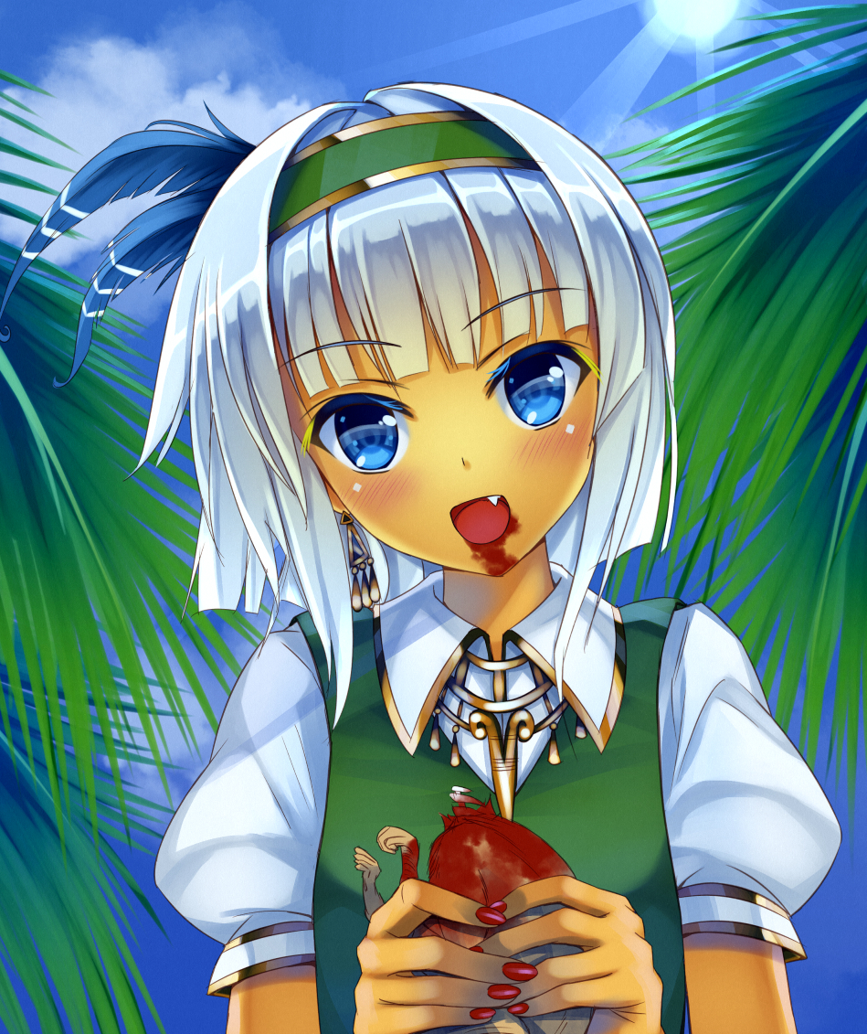 1girl, adapted_costume, asatsuki_(cookie), blood, blood_in_mouth, blood_on_face, blue_eyes, blush