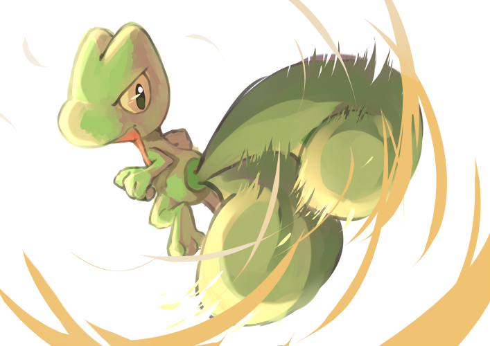 attack, from_behind, looking_back, motion_lines, no_humans, pokemon, pokemon_(creature), pokemon_(game), simple_background, tail, tail_whip, transistor, treecko, white_background