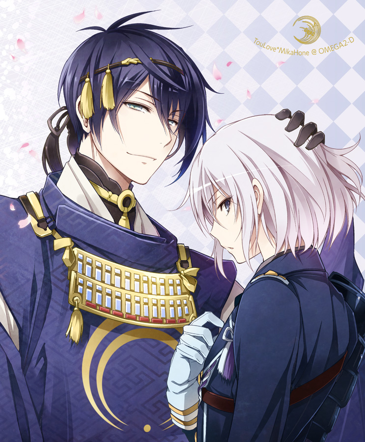 2boys, black_gloves, black_hair, blue_eyes, checkered, checkered_background, gloves, hand_on_another's_head