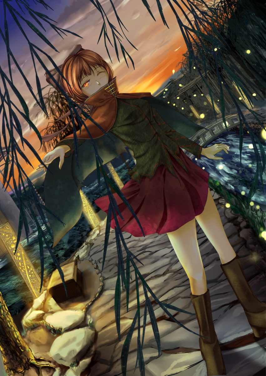 1girl, absurdres, blouse, boots, bridge, canal, cape, covering_mouth