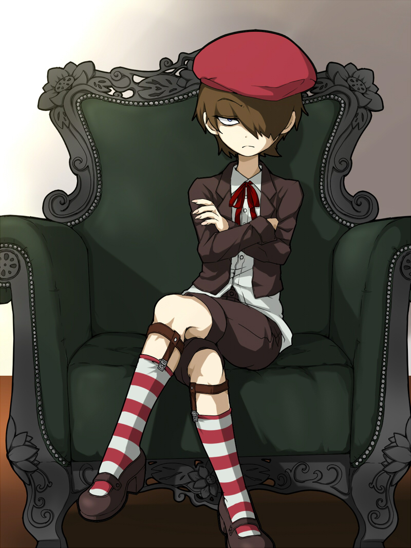 1boy, beret, brown_hair, chair, company_connection, crossed_arms, crossed_legs, flower, fluke_(youkai_watch), frown, hair_over_one_eye, hat, indoors, looking_at_viewer, male_focus, mary_janes, parody, professor_layton, red_legwear, sentinel_(ensofu), shoes, short_hair, sitting, sock_garters, socks, solo, striped, striped_legwear, white_legwear, youkai_watch