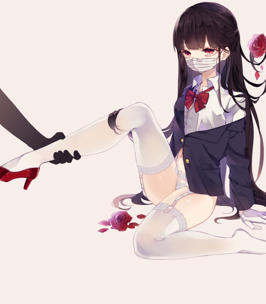 1girl, bangs, blunt_bangs, bowtie, brown_hair, collared_shirt, commentary_request, disembodied_limb