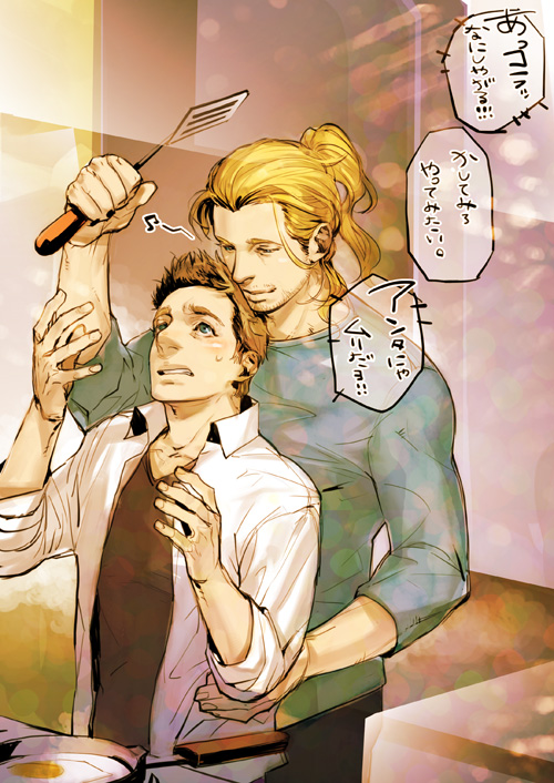 2boys, apron, avengers, big_nose, brown_hair, casual, clint_barton, hair_up