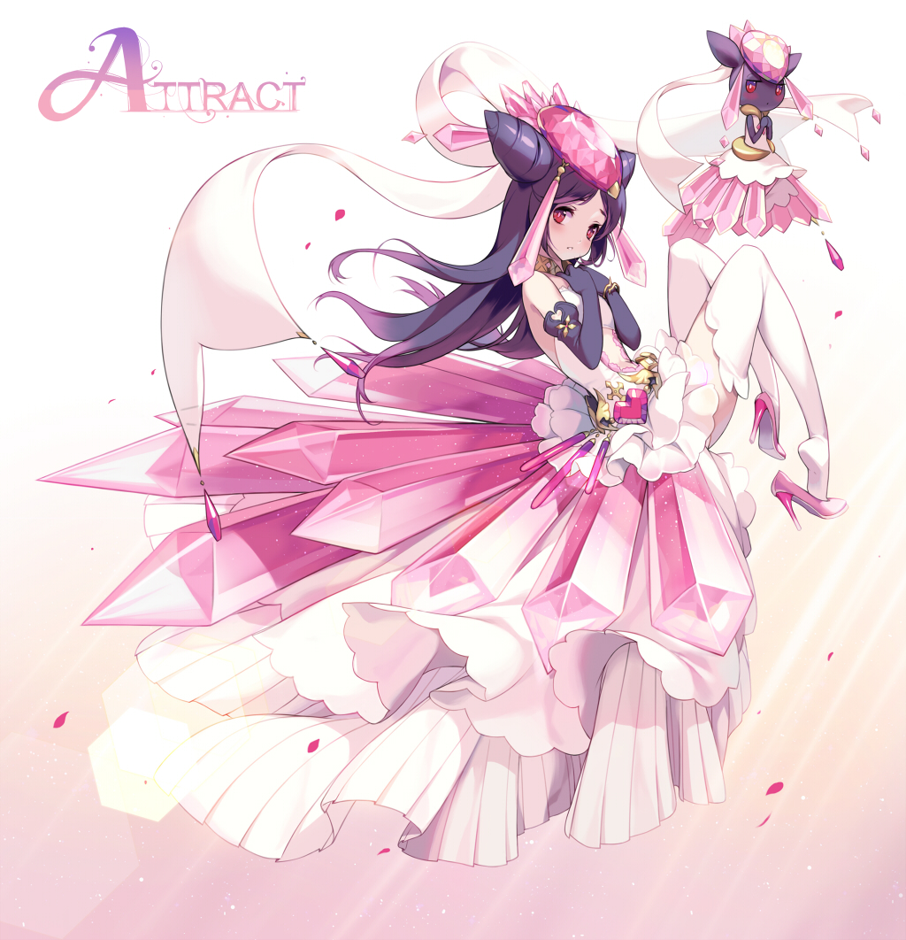 1000marie, 1girl, black_gloves, blush, diancie, double_bun, dress, elbow_gloves