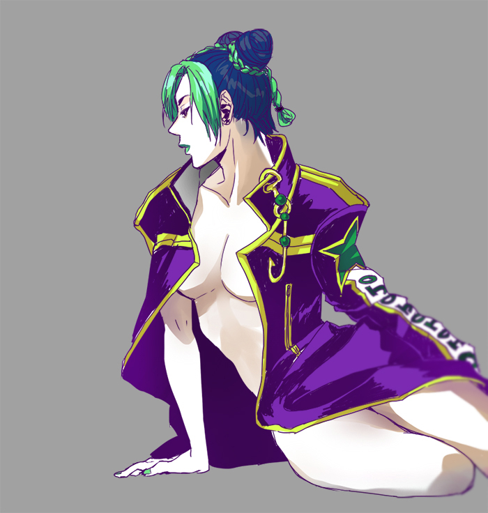1girl, black_hair, blurry, chain, double_bun, green_hair, green_lipstick, jojo_no_kimyou_na_bouken, kuujou_jolyne, lipstick, long_coat, looking_away, makeup, multicolored_hair, naked_coat, solo, two-tone_hair, yui930