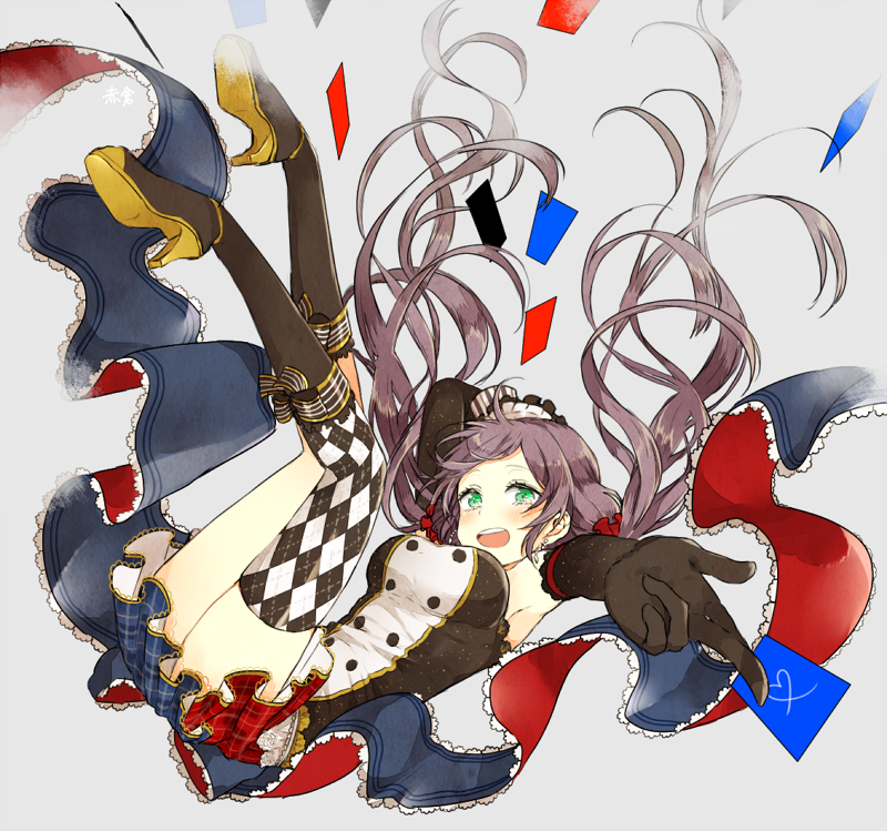1girl, akakura, arm_behind_head, black_boots, black_gloves, boots, card, card_between_fingers