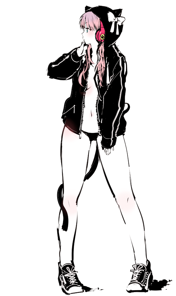 1girl, animal_ears, bare_legs, cat_ears, cat_tail, headphones, hooded_jacket, navel