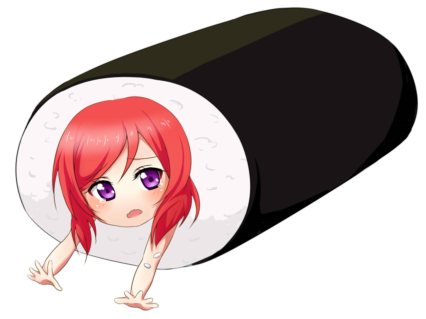 1girl, food, highres, love_live!_school_idol_project, makizushi, nishikino_maki, outstretched_arms, pun