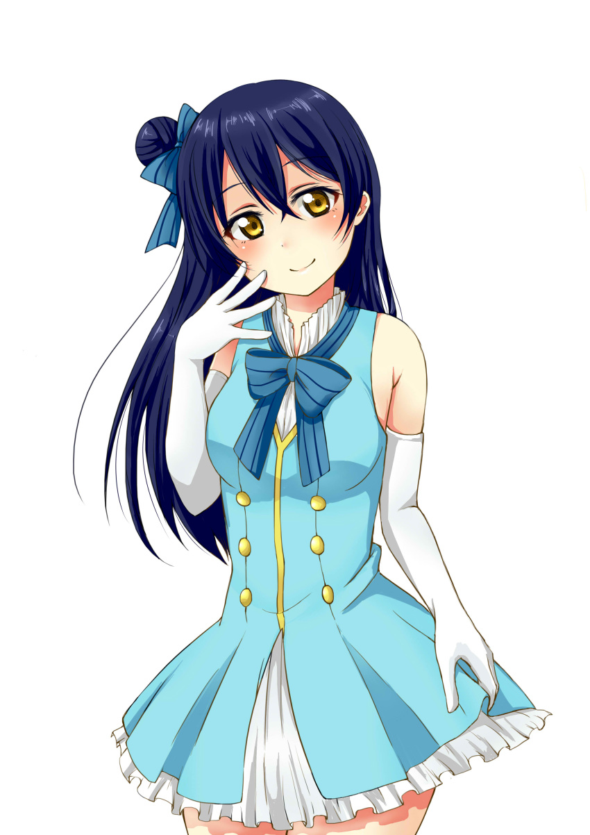 1girl, absurdres, bare_shoulders, blue_hair, bow, cowboy_shot, dress, elbow_gloves, frilled_dress, frills, gloves, hair_bow, hand_on_own_face, highres, long_hair, looking_at_viewer, love_live!_school_idol_project, satoharu, smile, solo, sonoda_umi, start:dash!!, white_background, white_gloves, yellow_eyes