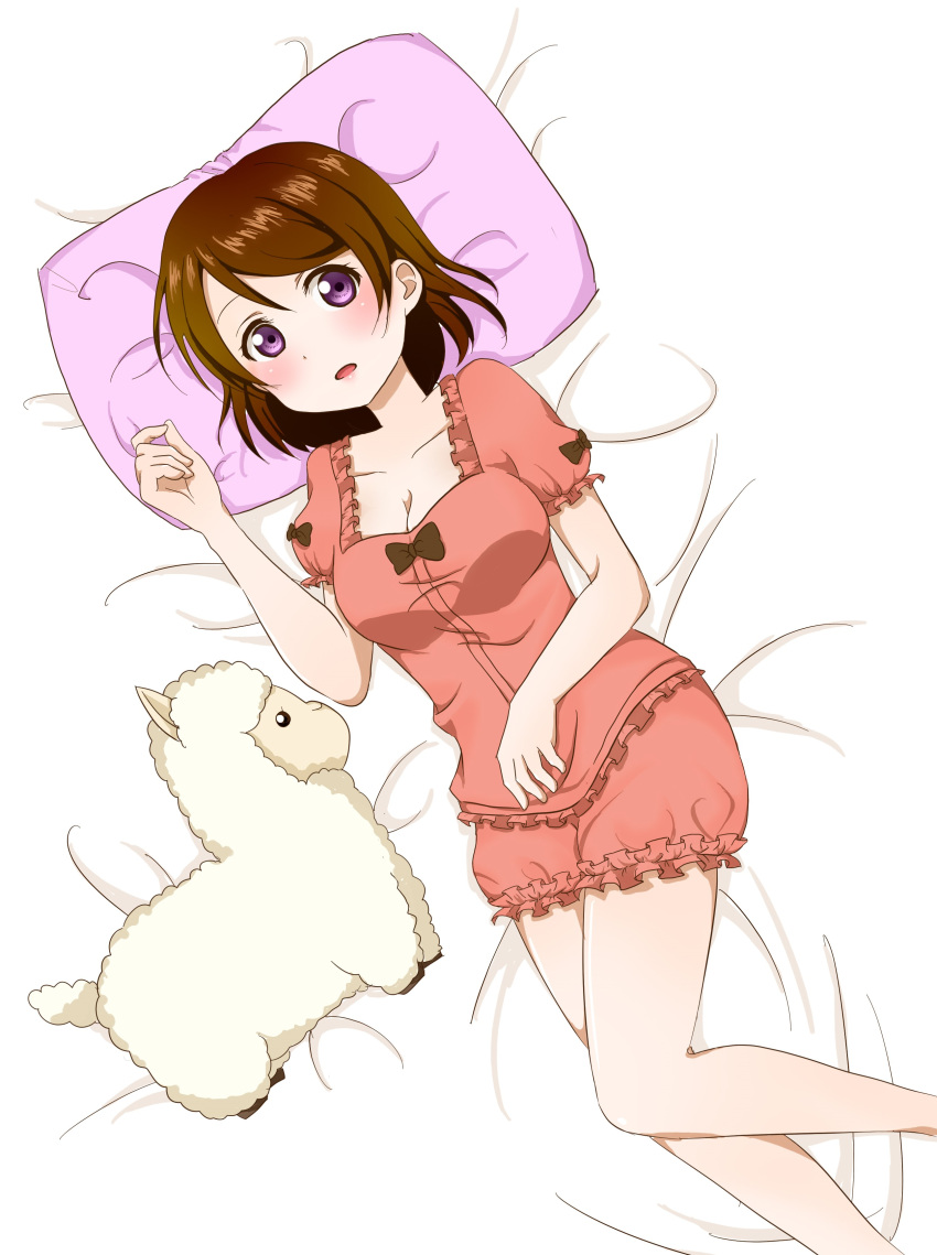 1girl, absurdres, alpaca, breasts, brown_hair, cleavage, highres, koizumi_hanayo