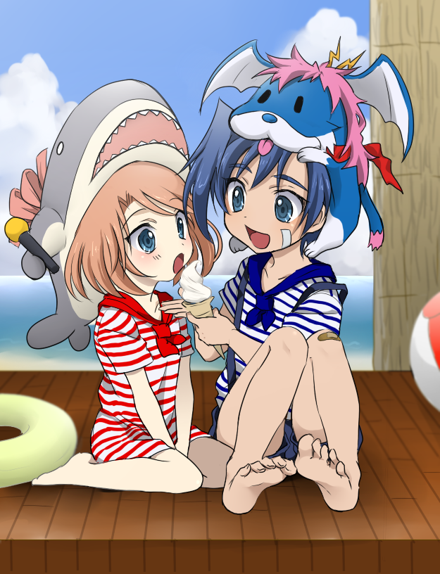 1boy, 1girl, ascot, barefoot, blue_eyes, brother_and_sister, brown_hair, cardfight!!_vanguard