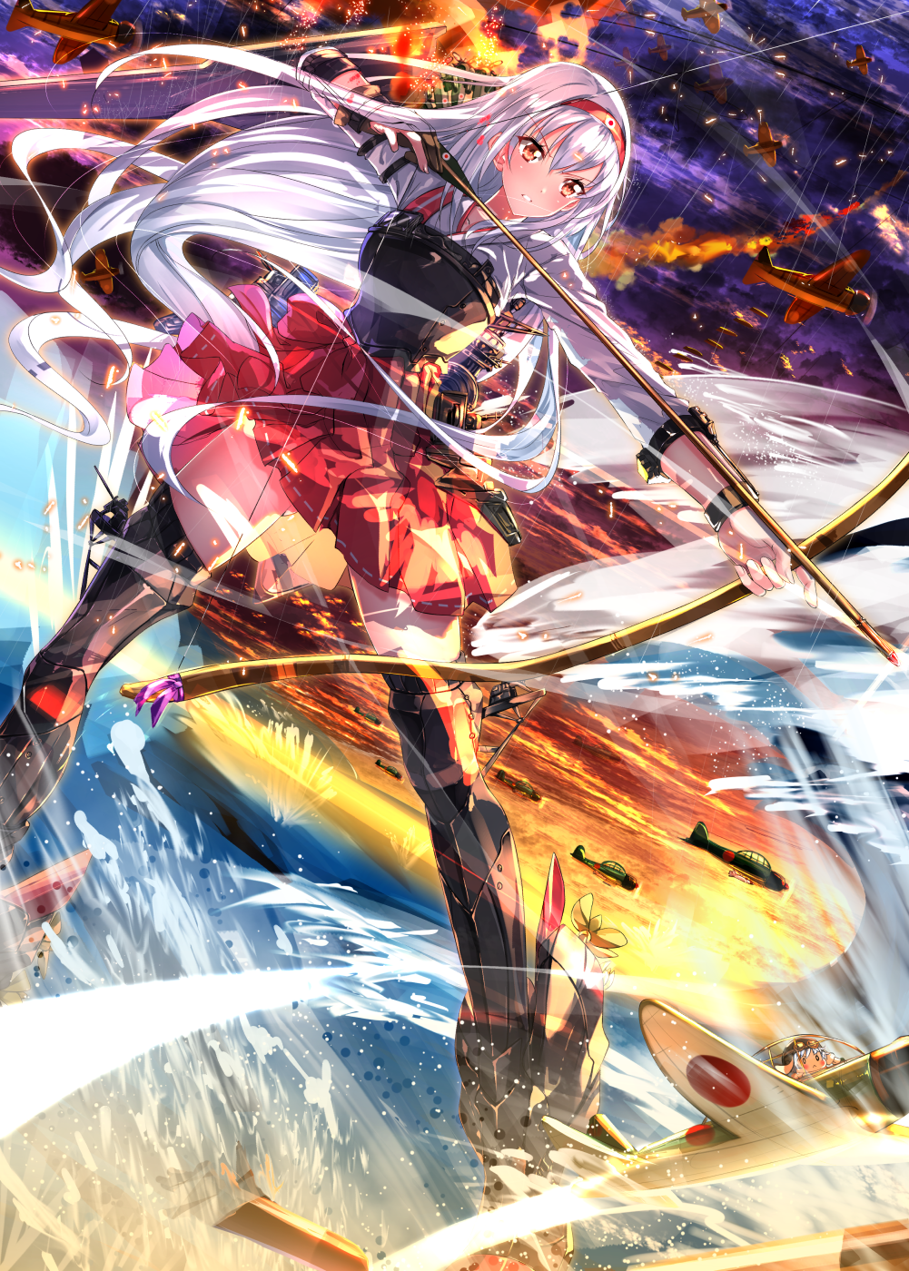 1girl, airplane, boots, bow_(weapon), brown_eyes, dutch_angle, fairy_(kantai_collection), fire, hakama_skirt, headband, highres, japanese_clothes, kantai_collection, long_hair, muneate, nakajima_b5n, pleated_skirt, red_skirt, shoukaku_(kantai_collection), skirt, smoke, solo, swordsouls, thigh-highs, thigh_boots, weapon, white_hair, yugake