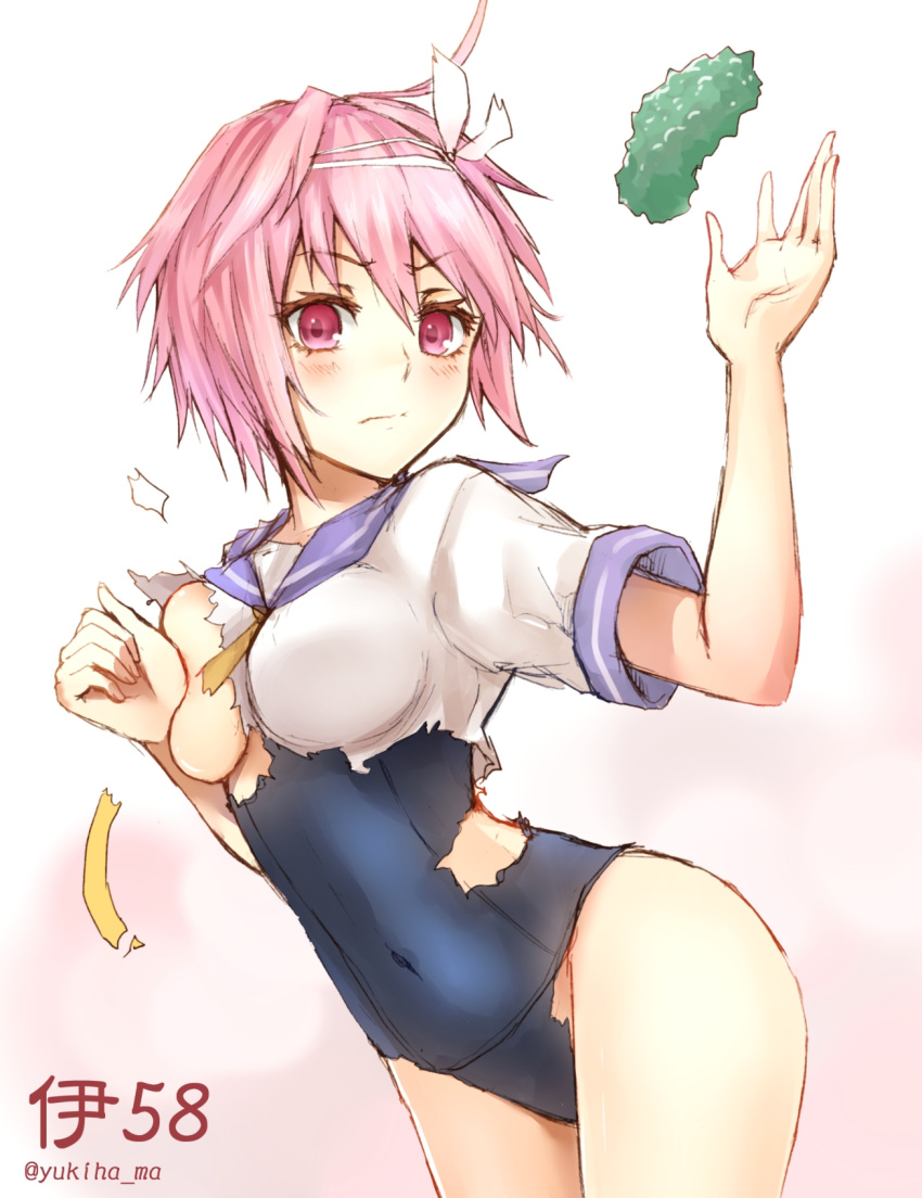 1girl, ahoge, bitter_melon, blush, breasts, character_name, covering, covering_breasts, cowboy_shot, hair_ornament, highres, i-58_(kantai_collection), kantai_collection, looking_at_viewer, neckerchief, pink_eyes, pink_hair, sailor_collar, school_uniform, serafuku, short_hair, solo, swimsuit, swimsuit_under_clothes, torn_clothes, torn_swimsuit, twitter_username, yukihama