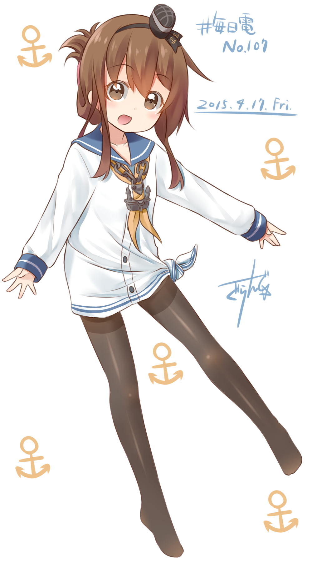 1girl, :d, alternate_costume, anchor, brown_eyes, brown_hair, dated, folded_ponytail