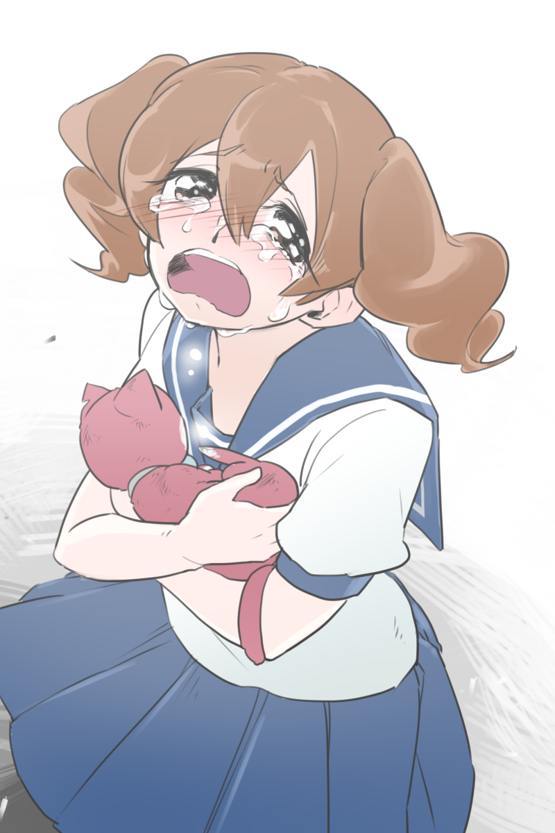 1girl, blue_skirt, blush, brown_eyes, brown_hair, cat, crying, death, dirty, emi-chan, highres, holding, jibanyan, notched_ear, open_mouth, pleated_skirt, school_uniform, serafuku, skirt, solo, tears, toyo_(toyoyomi), twintails, youkai_watch